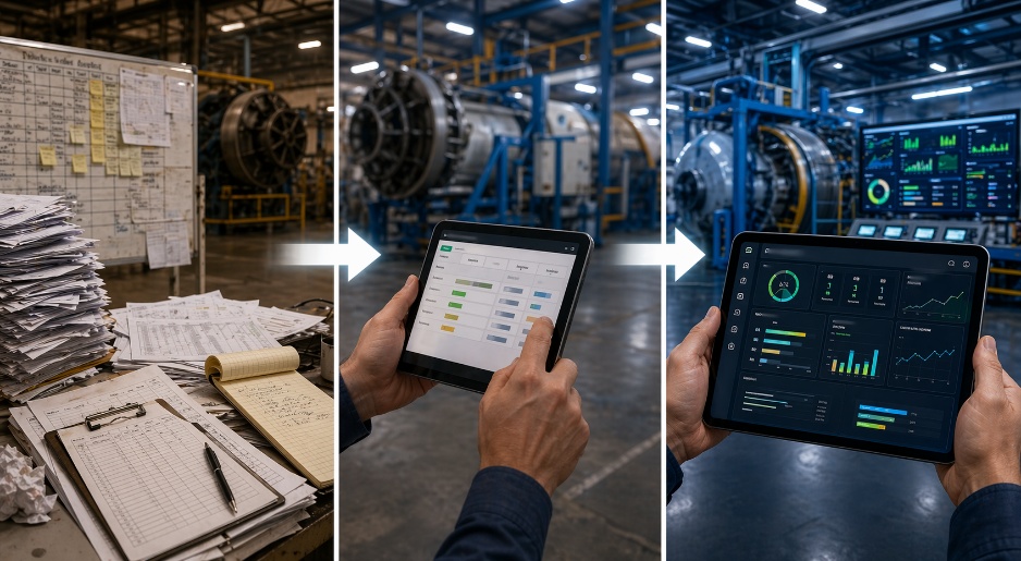 AI Is Moving Manufacturing from Reporting to Action 4 Transition from paper production scheduling to digital tablet dashboards on a manufacturing floor.