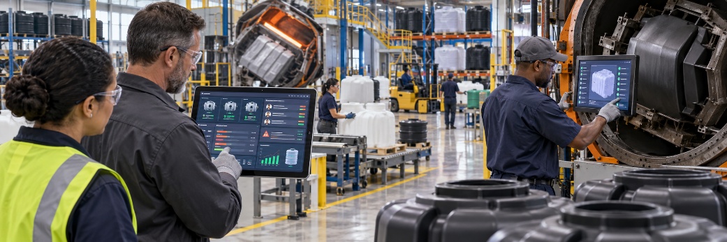 Manufacturing team members reviewing production dashboards on tablets beside rotational molding equipment.