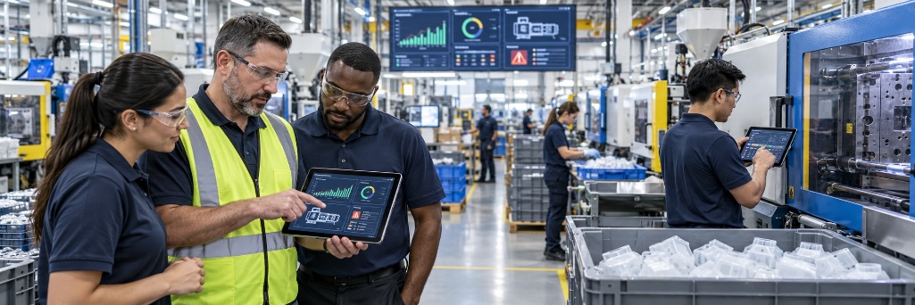 Manufacturing supervisors reviewing a production dashboard on a tablet in a factory.