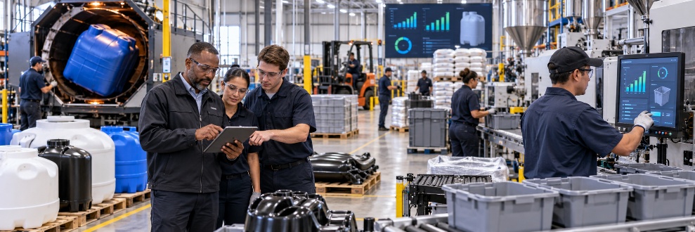 AI Is Moving Manufacturing from Reporting to Action 3 Workers consulting a tablet while an operator uses a production touchscreen in a manufacturing plant.