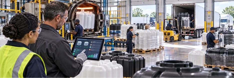 AI Is Moving Manufacturing from Reporting to Action 6 Manufacturing staff reviewing production data on a tablet near loaded pallets and shipping trucks.